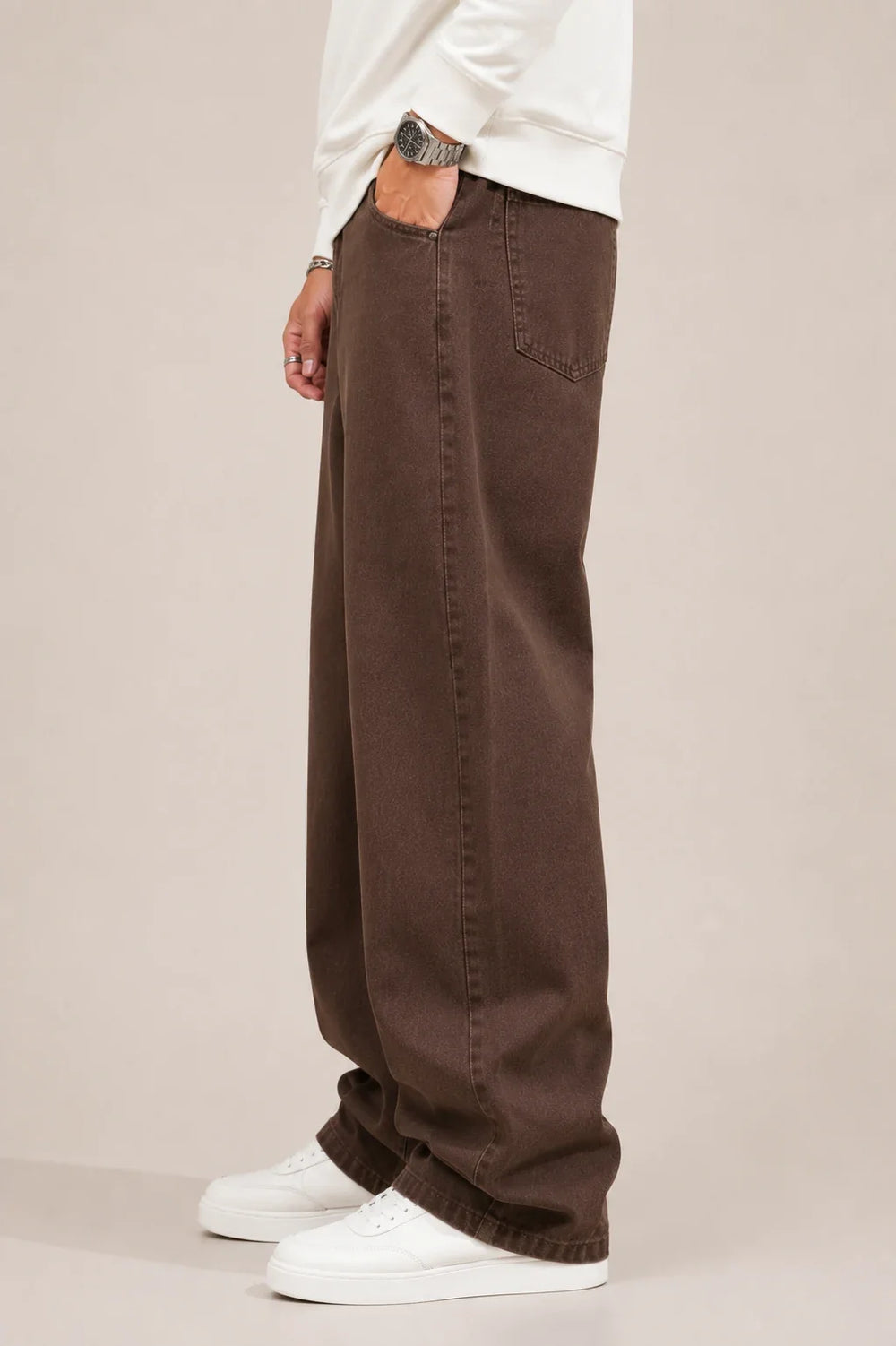 Men's Brown Loose Fit Baggy Jeans Left view by Waysho