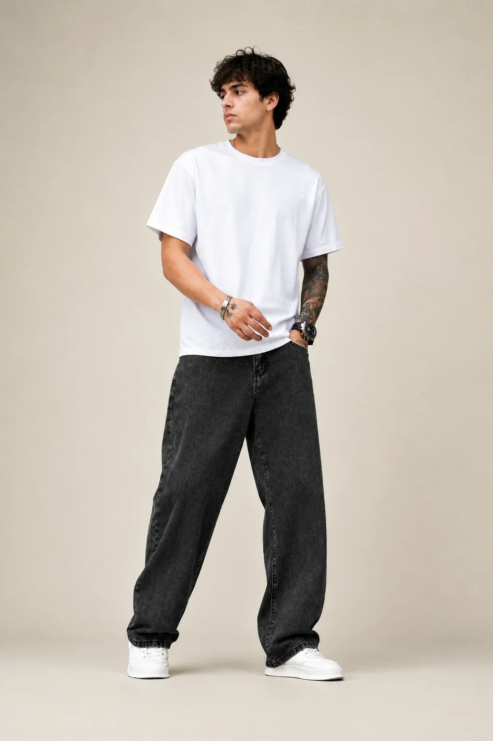 Waysho Men's Charcoal Black Baggy Jeans full Front view