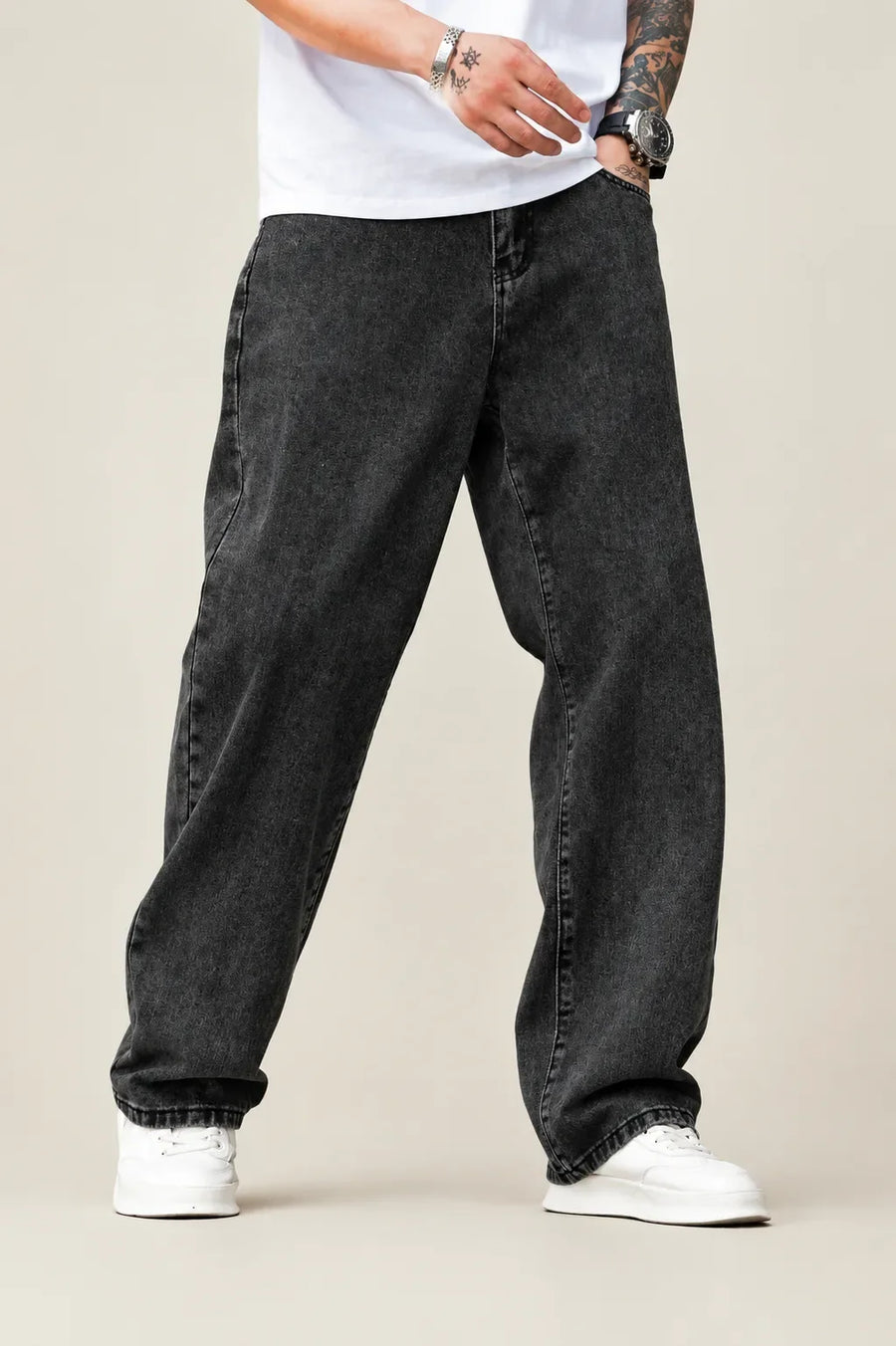 Waysho Men's Charcoal Black Baggy Jeans front view