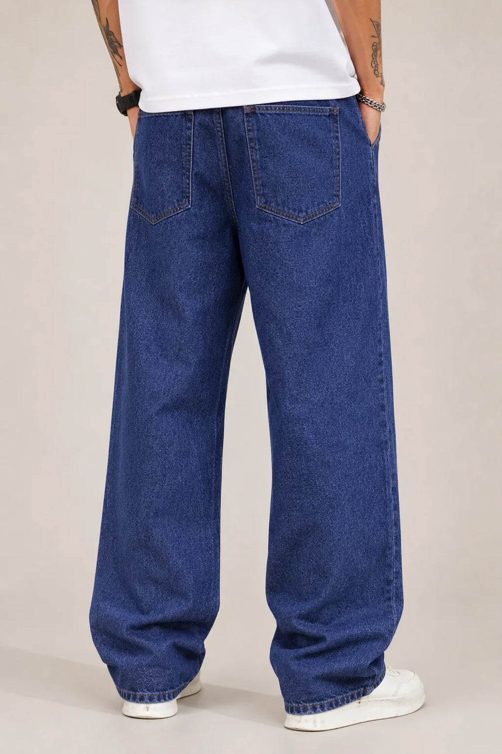 Men's Classic Dark Blue Baggy Jeans  back view by waysho