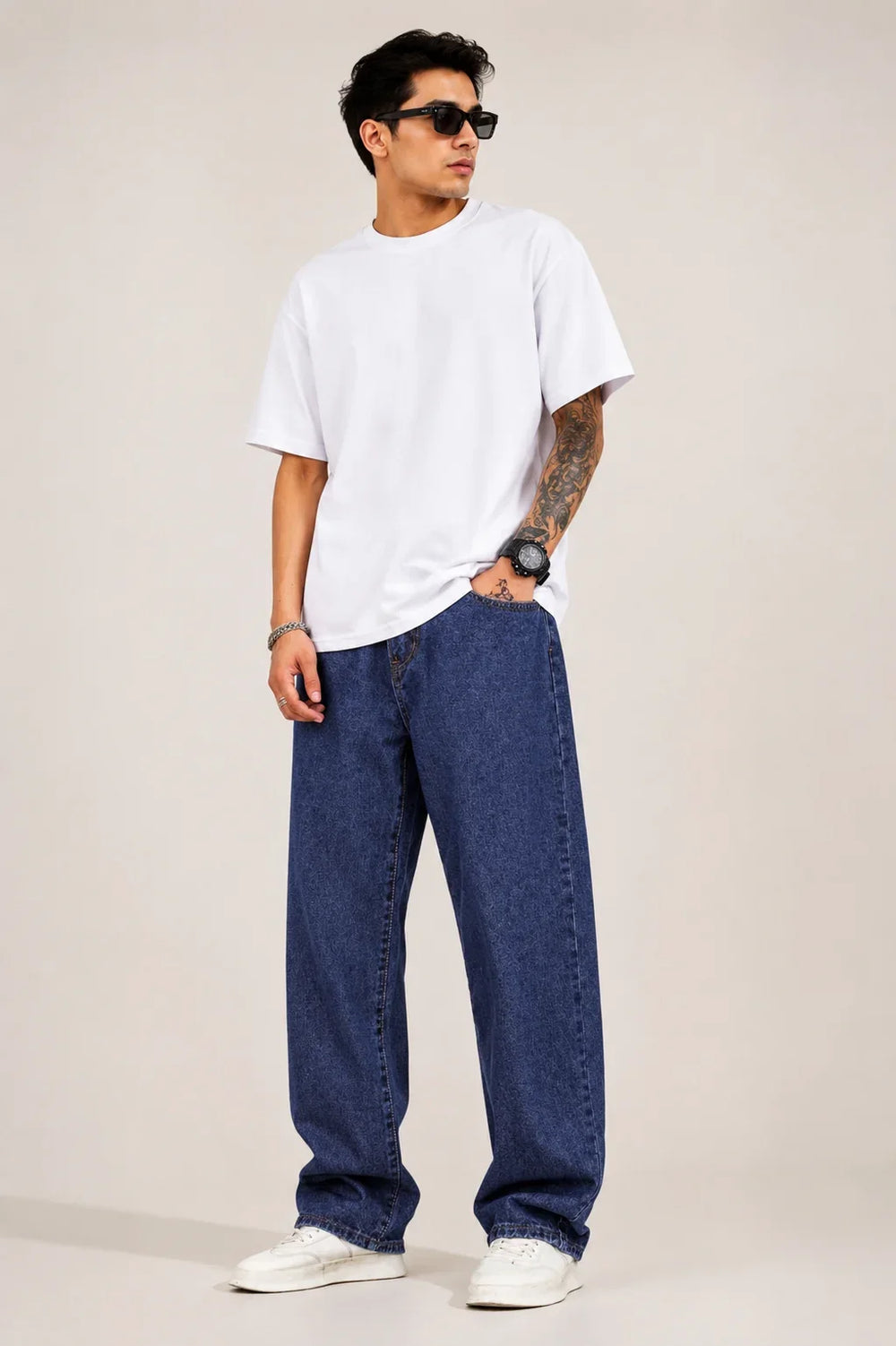 Men's Classic Dark Blue Baggy Jeans  Full Front view by waysho