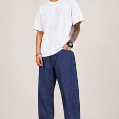 Men's Classic Dark Blue Baggy Jeans  Full Front view by waysho