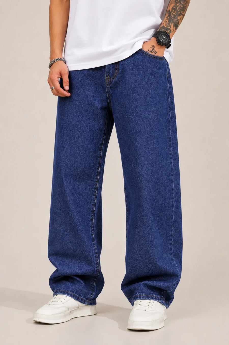 Men's Classic Dark Blue Baggy Jeans  Front view by waysho