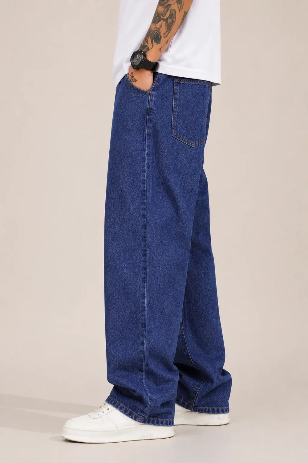 Men's Classic Dark Blue Baggy Jeans  Left view by waysho