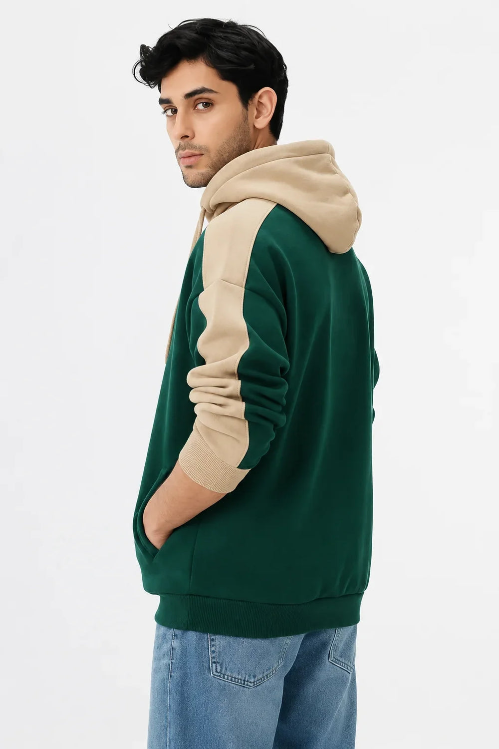 Men's green and beige oversized hoodie front view by waysho