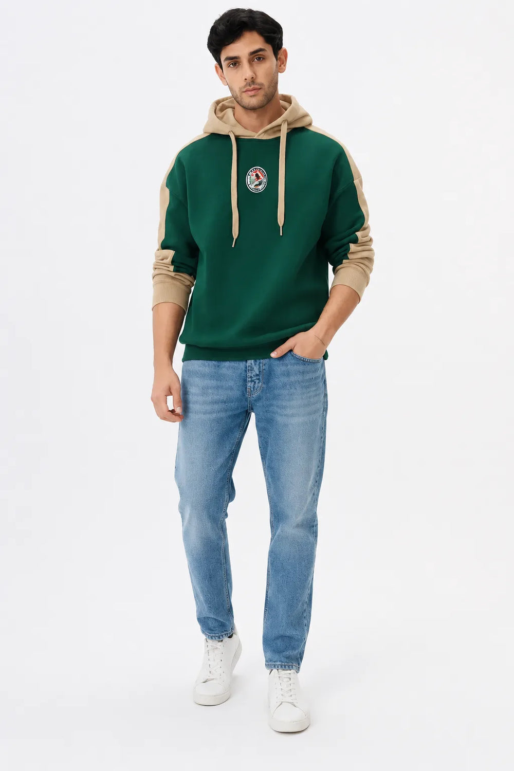 Men's green and beige oversized hoodie full front view by waysho