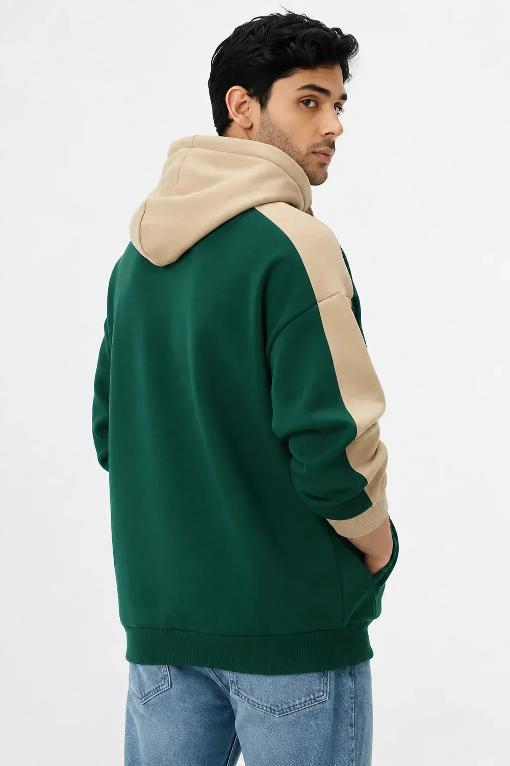 Men's green and beige oversized hoodie back view by waysho