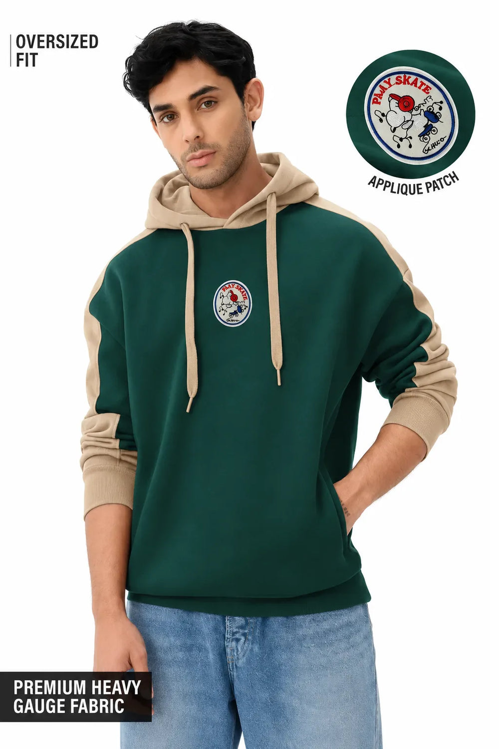Men's green and beige oversized hoodie front view by waysho