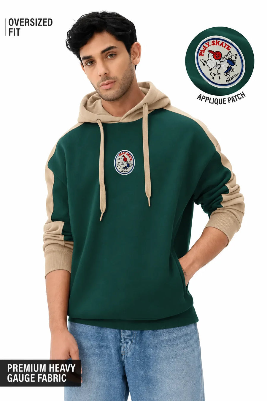Men's green and beige oversized hoodie front view by waysho