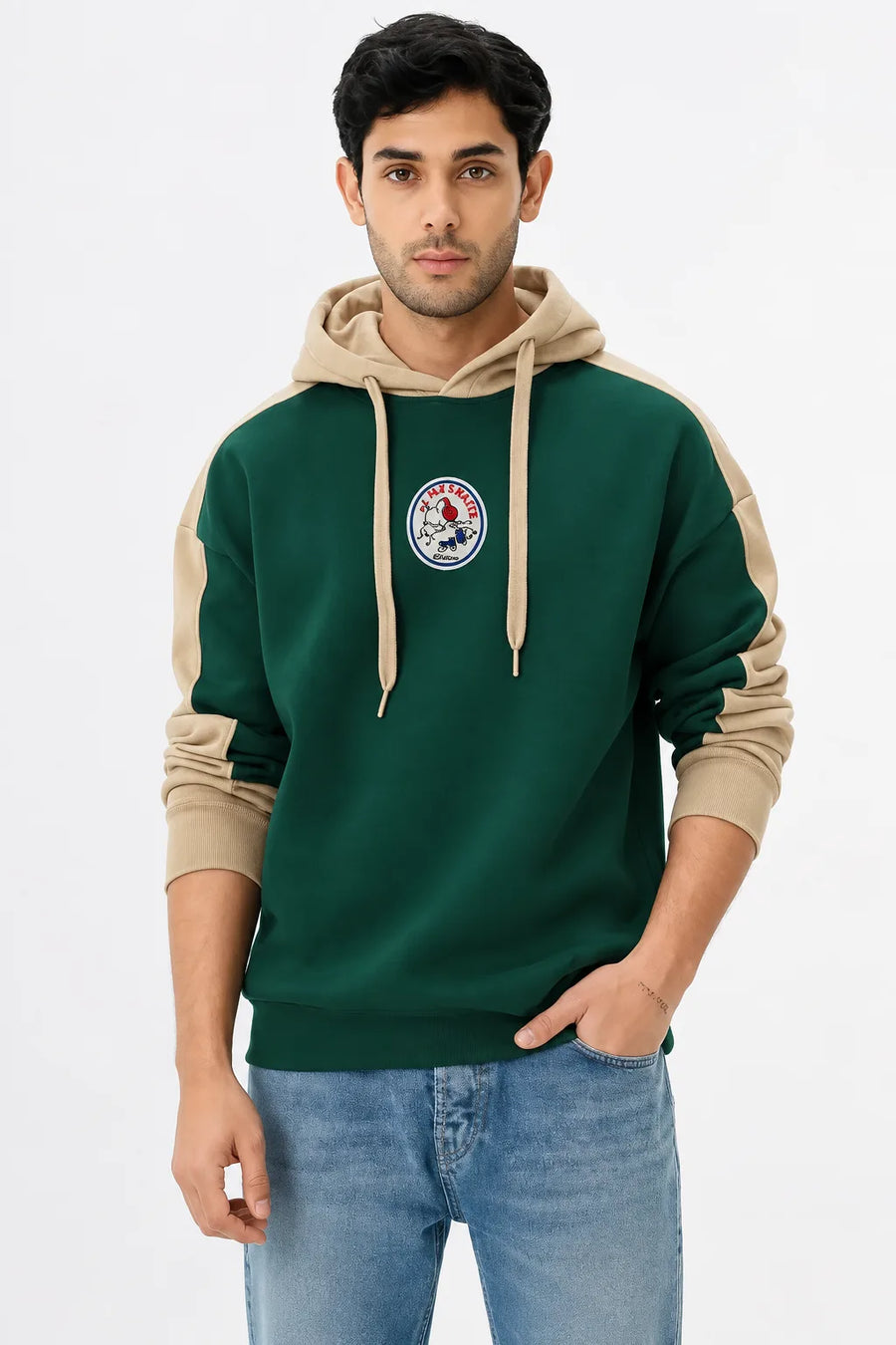 Men's green and beige oversized hoodie second front view by waysho