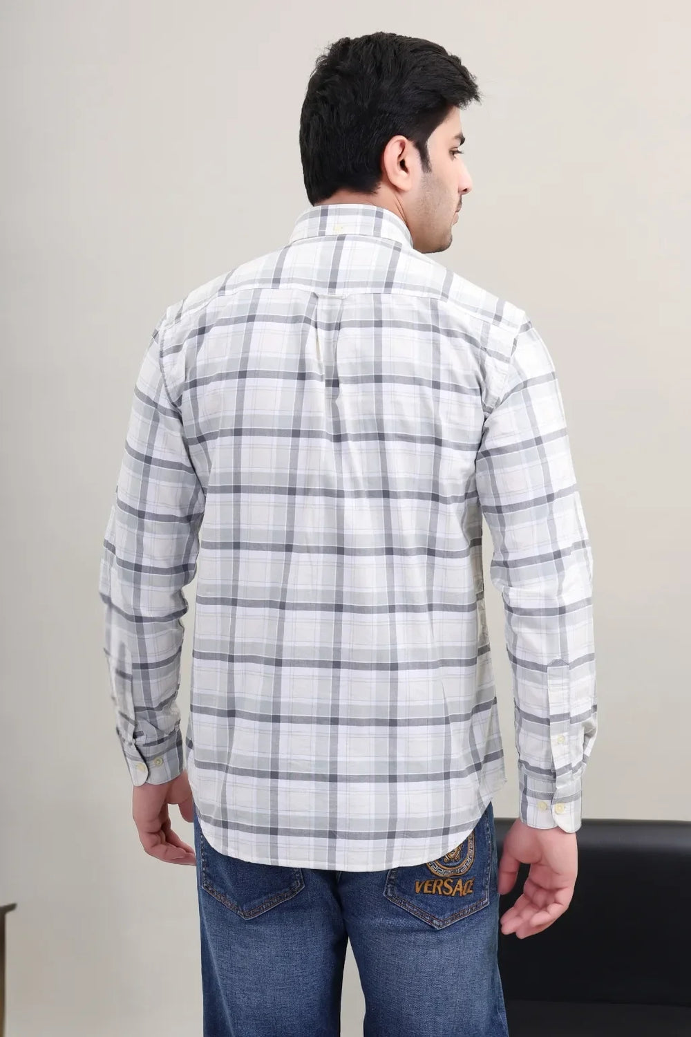Waysho Men's Grey Check Cotton Shirt Back View