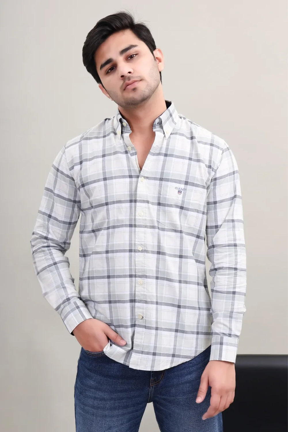 Waysho Men's Grey Check Cotton Shirt Front View