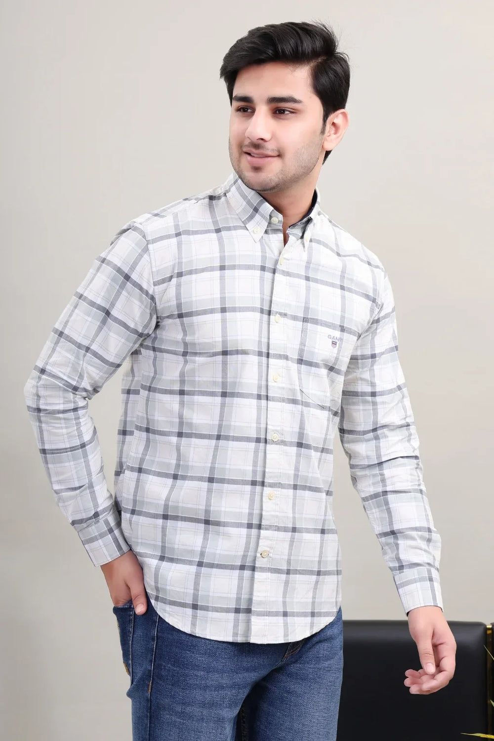 Waysho Men's Grey Check Cotton Shirt Front 2 View