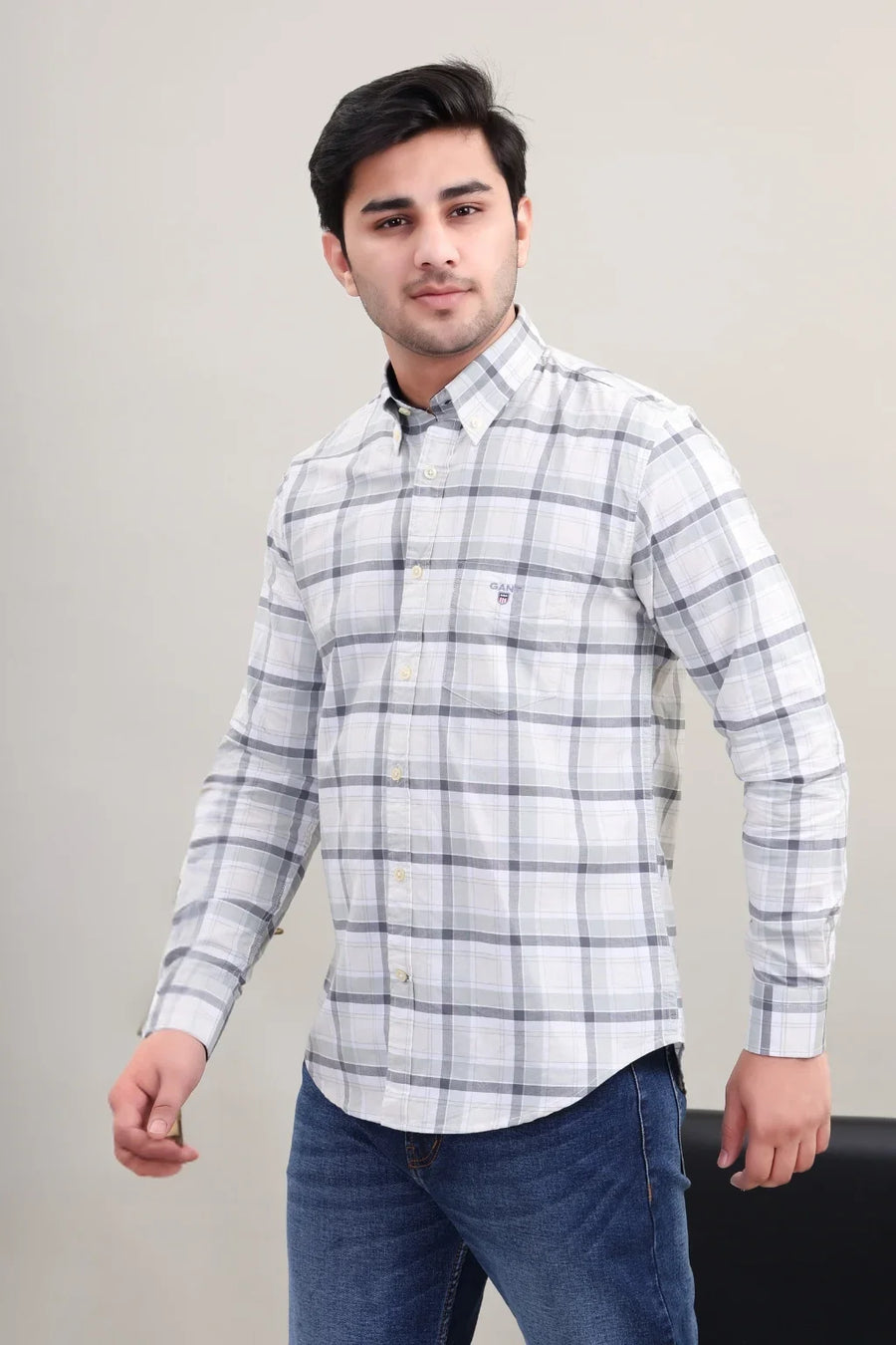 Waysho Men's Grey Check Cotton Shirt Side View