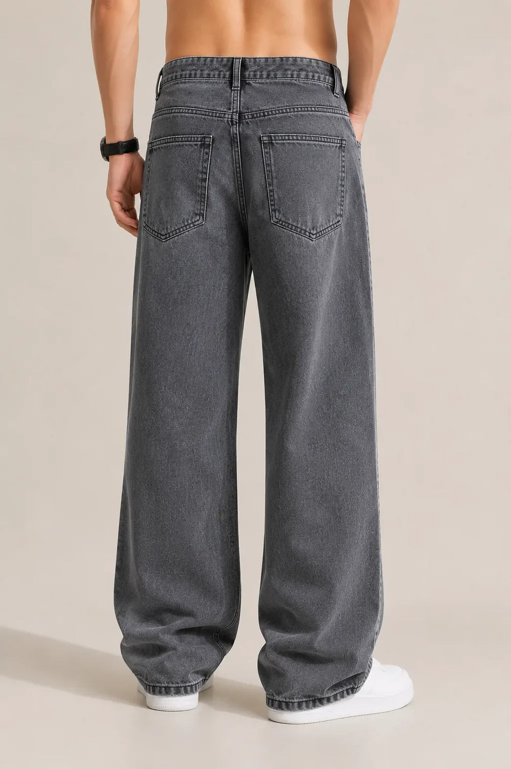 Men's Grey  Loose Fit Baggy Jeans back view by Waysho 