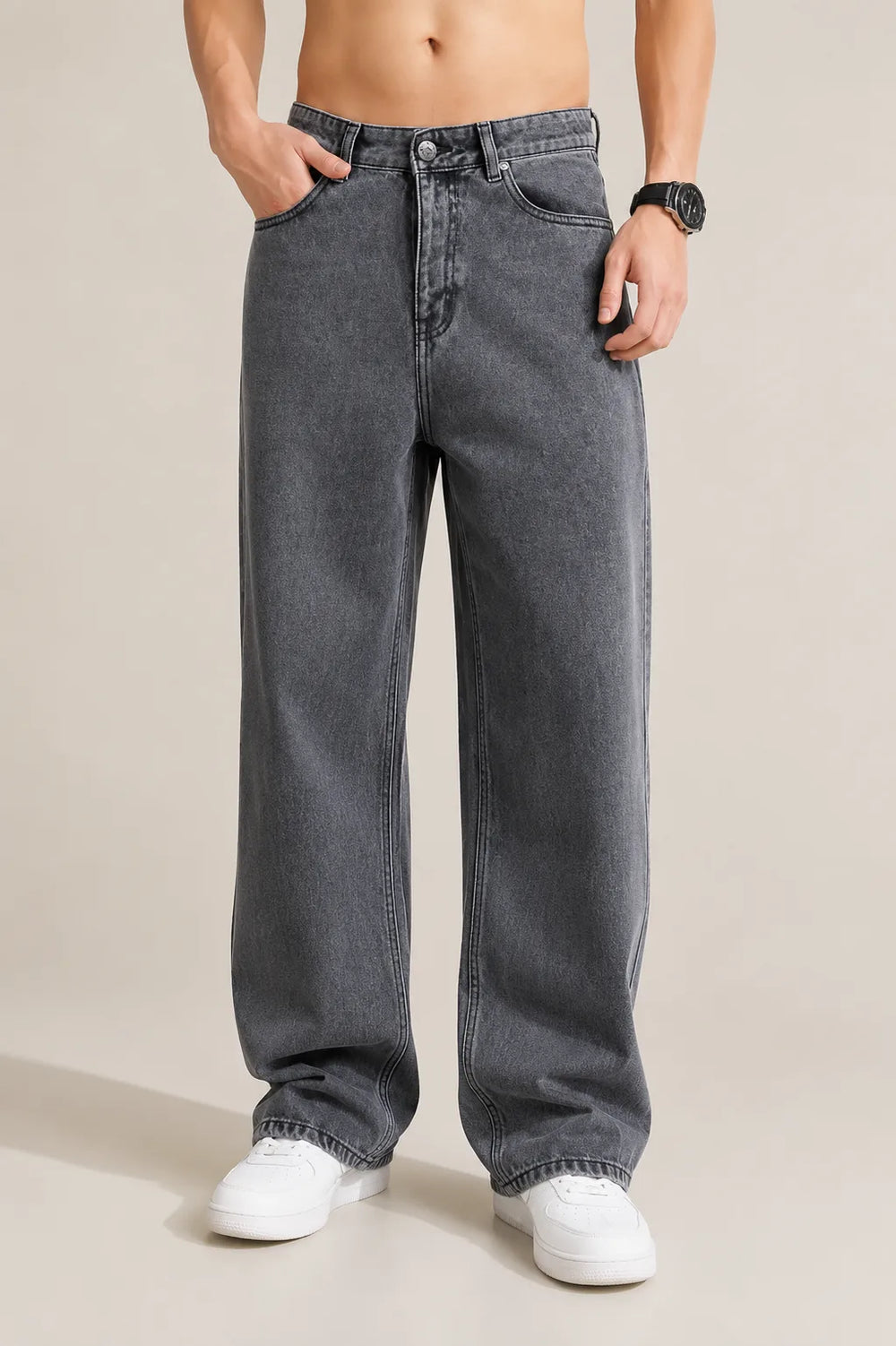 Men's Grey  Loose Fit Baggy Jeans Front view by Waysho 