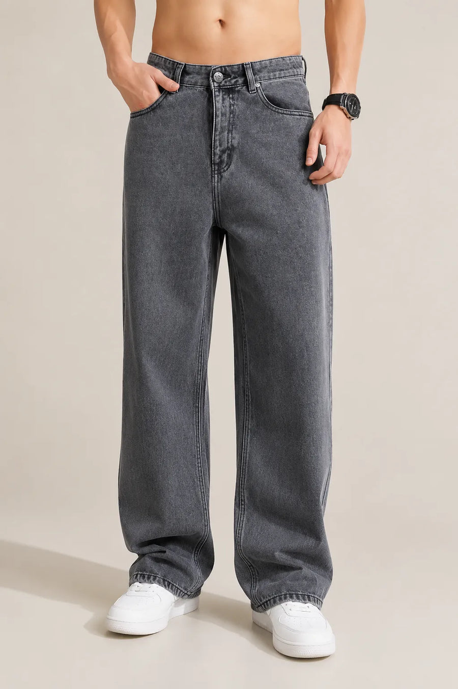 Men's Grey  Loose Fit Baggy Jeans Front view by Waysho 
