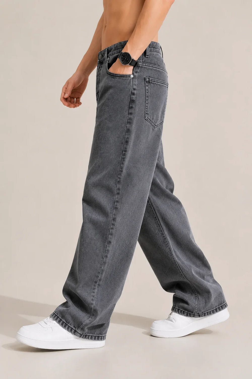 Men's Grey  Loose Fit Baggy Jeans Side Walking view by Waysho 