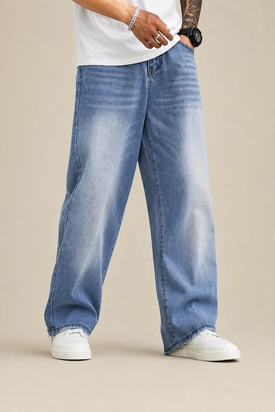  Men's Ice Blue Baggy Jeans Front  view by Waysho