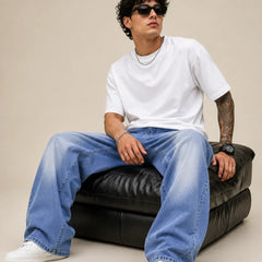  Men's Ice Blue Baggy Jeans Full Front view by Waysho