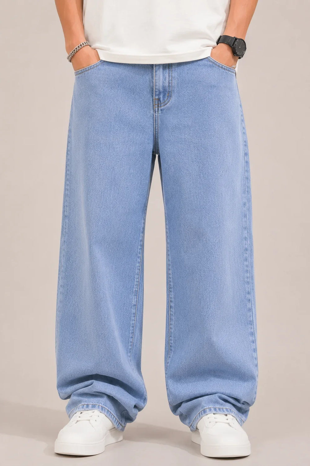 Waysho Men's Ice Blue Loose Fit Baggy Jeans front view