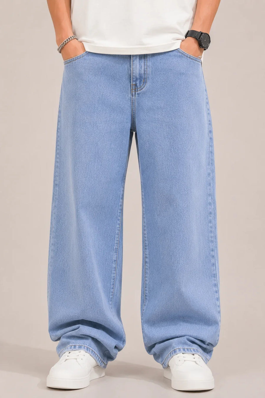 Waysho Men's Ice Blue Loose Fit Baggy Jeans front view