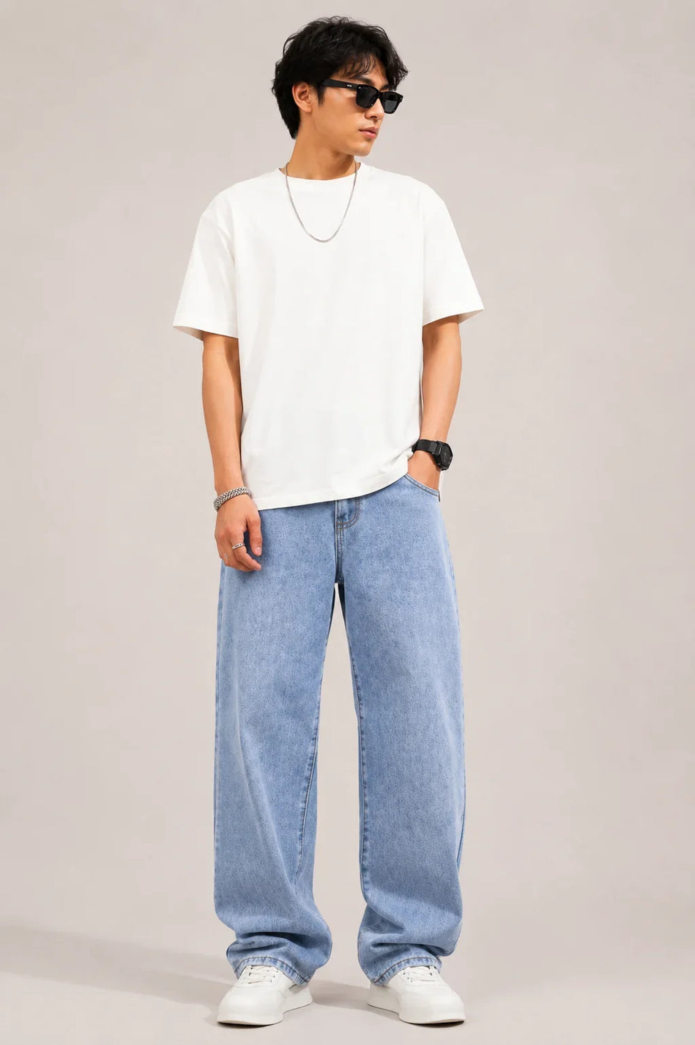 Waysho Men's Ice Blue Loose Fit Baggy Jeans full view
