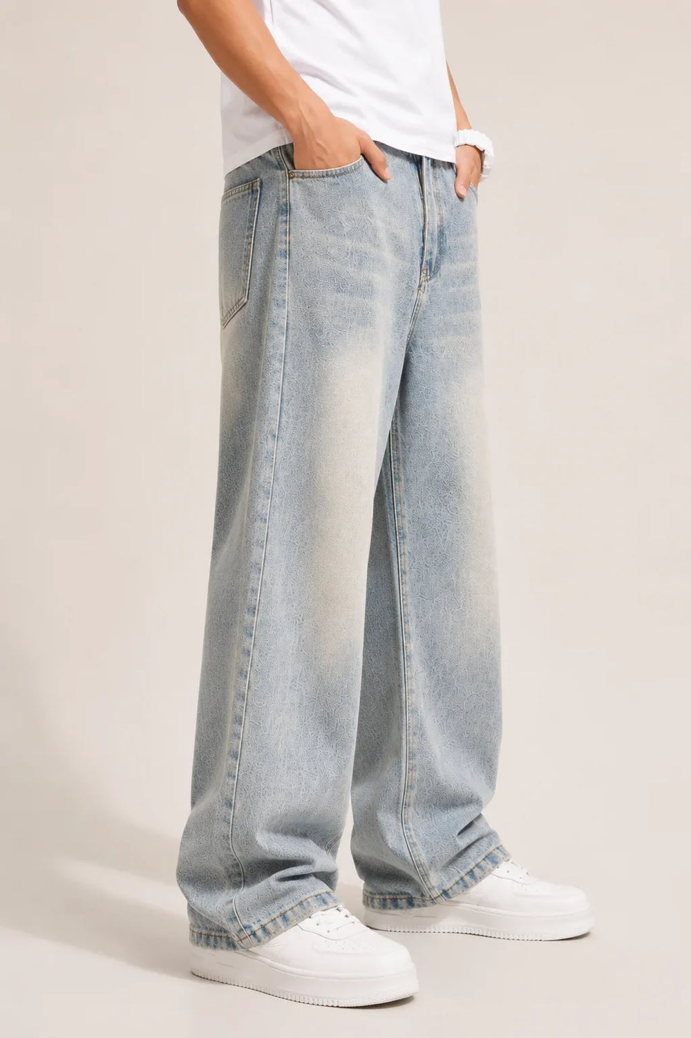 Men's Light Grey Super Baggy Jeans Left view By Waysho