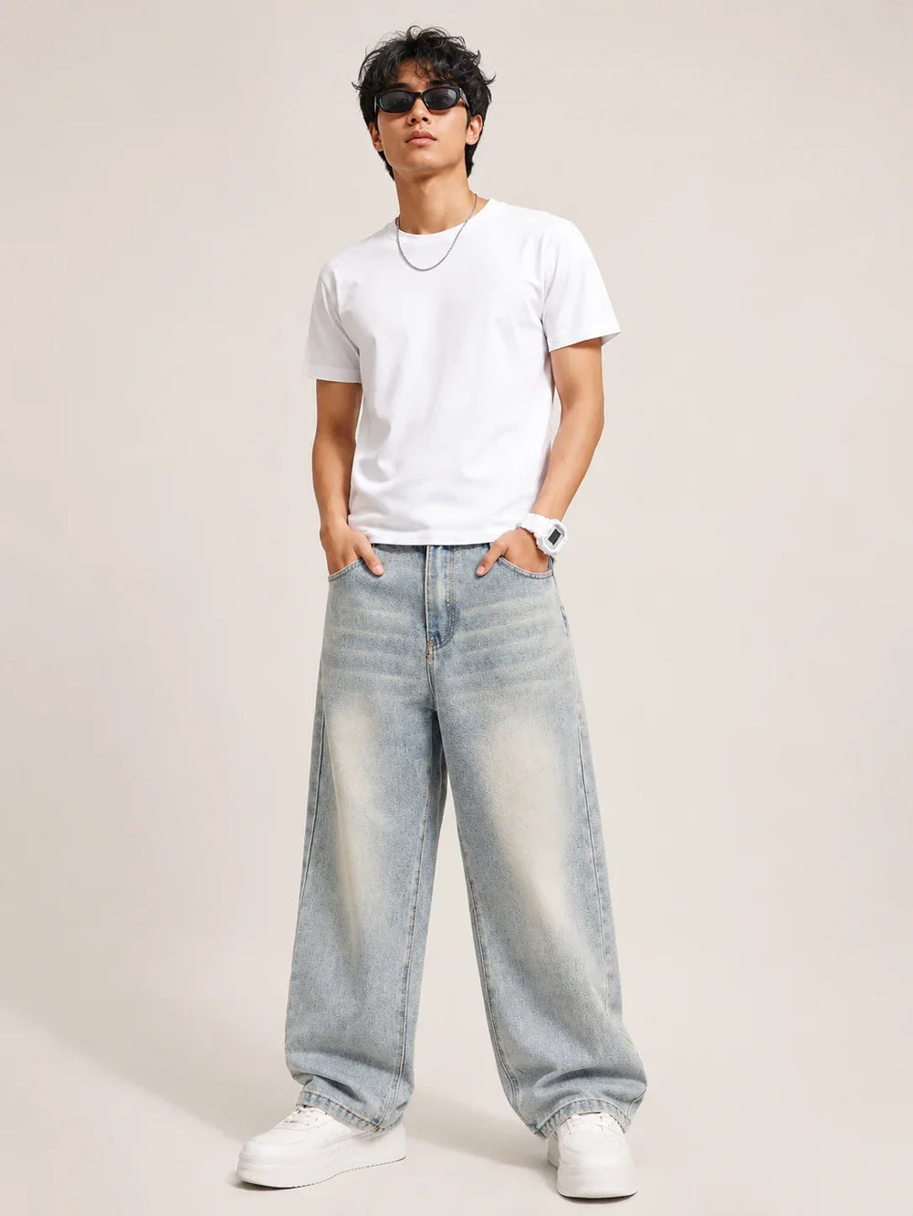 Men's Light Grey Super Baggy Jeans Full Model view By Waysho