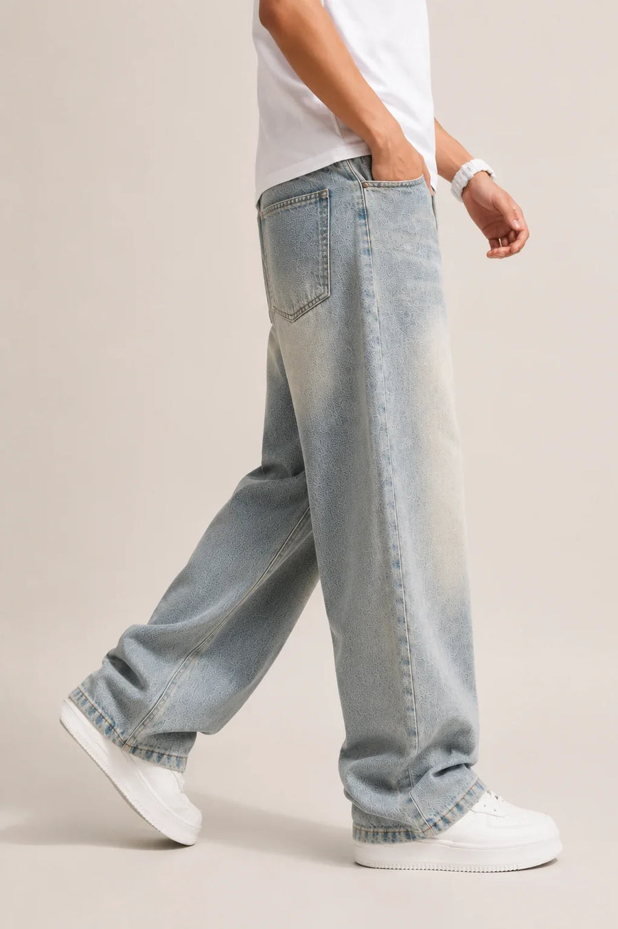 Men's Light Grey Super Baggy Jeans Side view By Waysho
