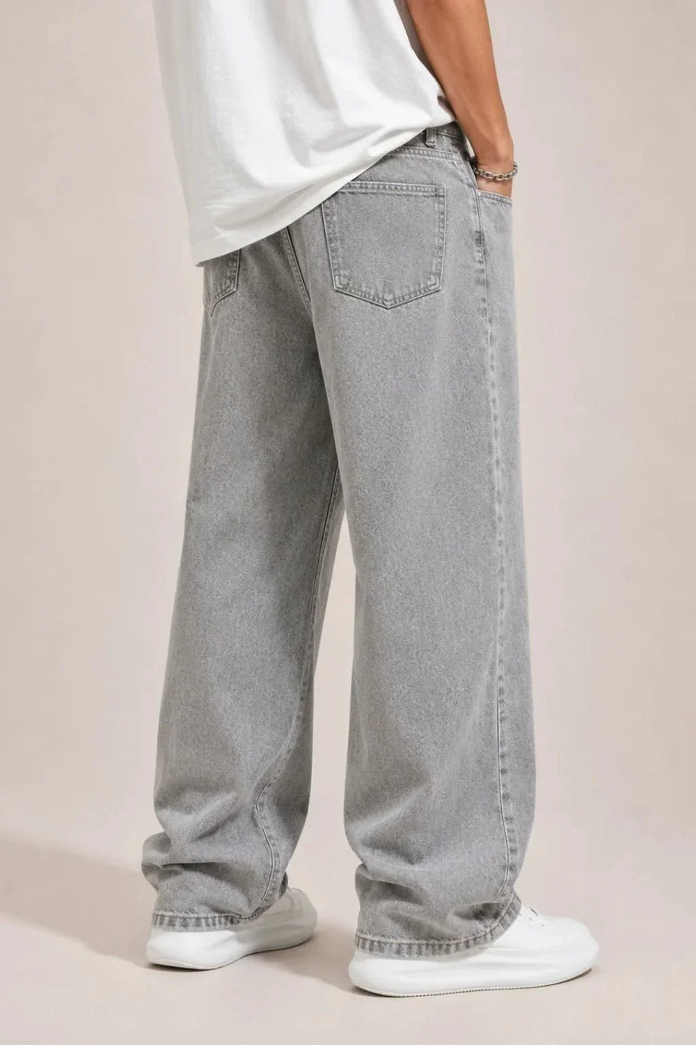 Men's Light Grey Loose Fit Jeans Back view by waysho