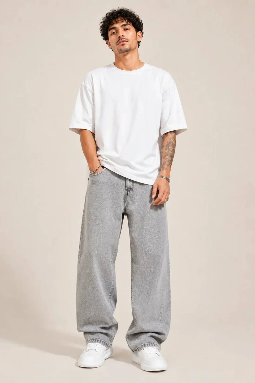 Men's Light Grey Loose Fit Jeans fullfront view by waysho