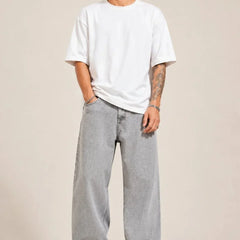 Men's Light Grey Loose Fit Jeans fullfront view by waysho