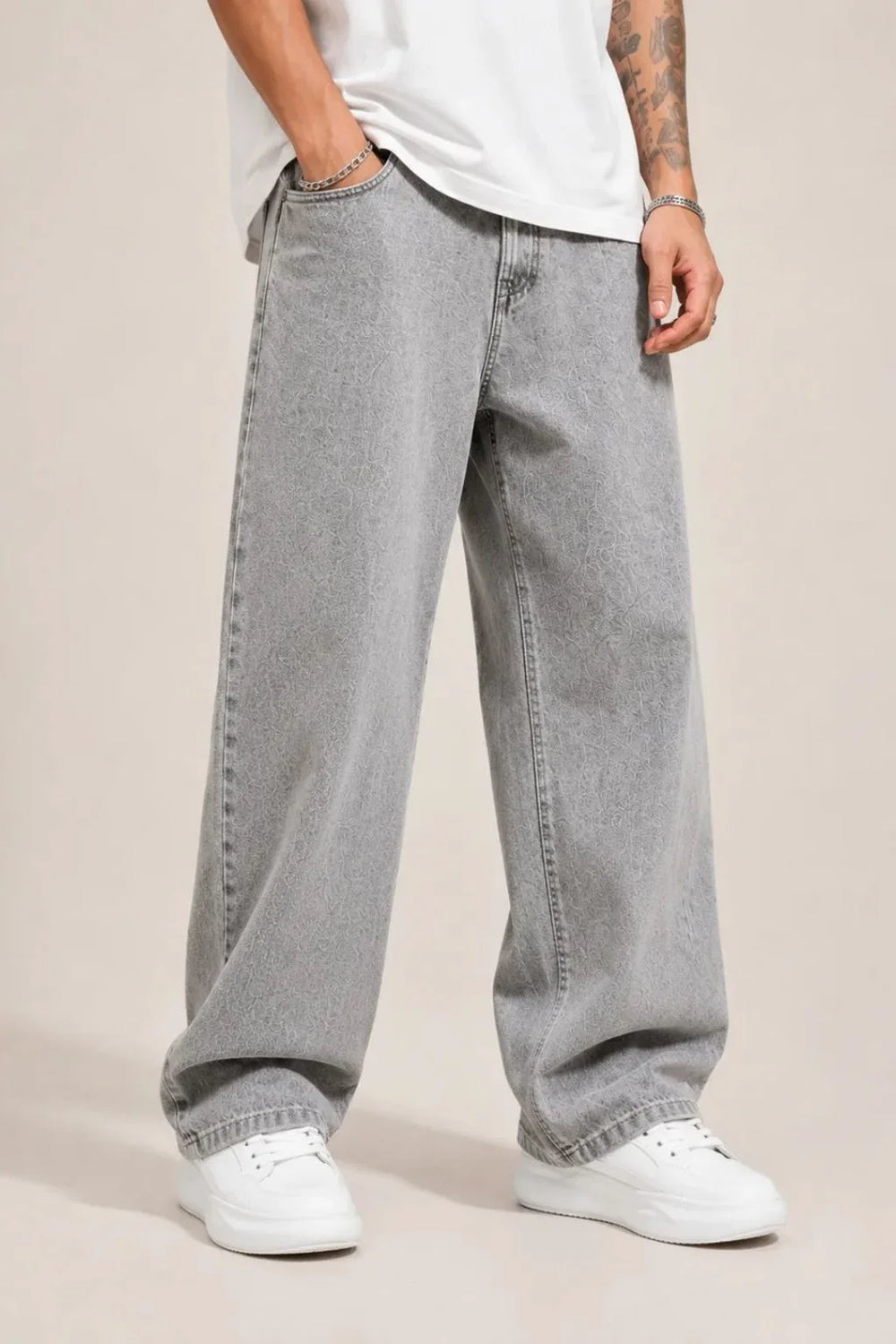 Men's Light Grey Loose Fit Jeans front view by waysho