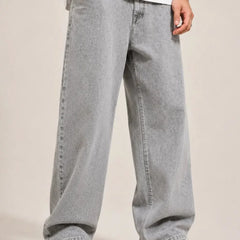 Men's Light Grey Loose Fit Jeans front view by waysho