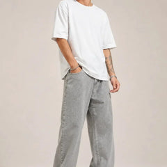 Men's Light Grey Loose Fit Jeans full front view by waysho