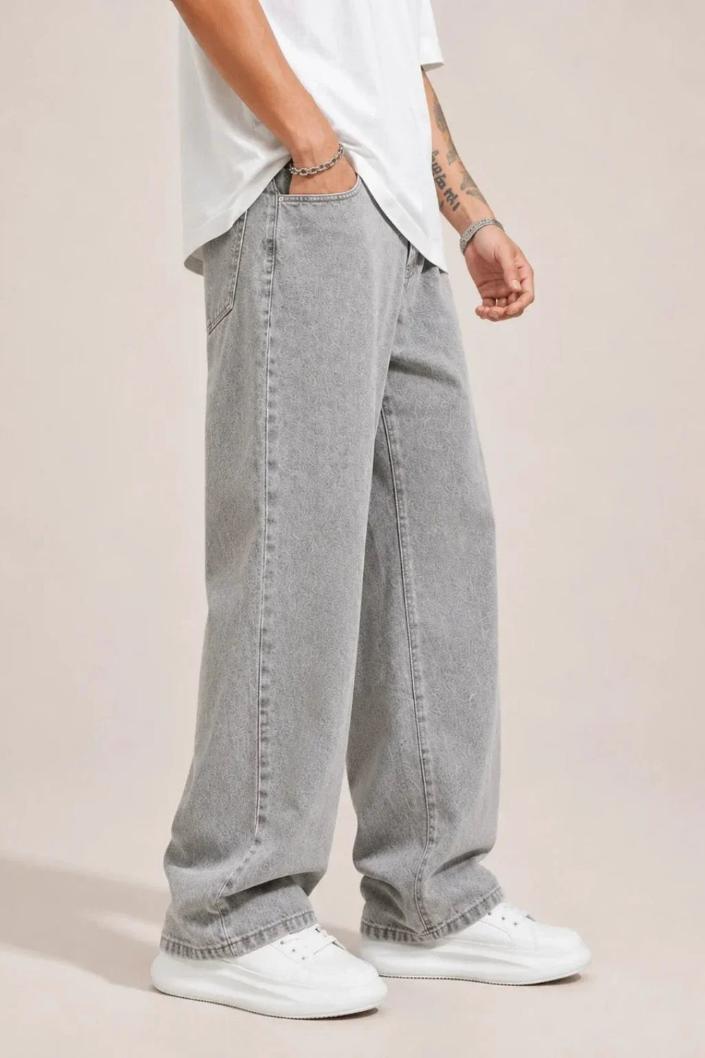 Men's Light Grey Loose Fit Jeans Left view by waysho