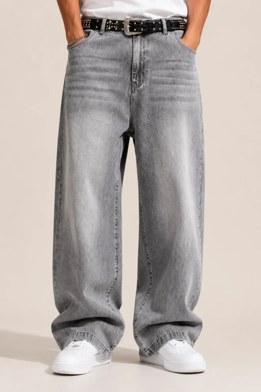 Men's Light Grey Vintage Wash Loose Fit Baggy Jeans front view by waysho