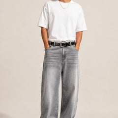 Men's Light Grey Vintage Wash Loose Fit Baggy Jeans full view by waysho