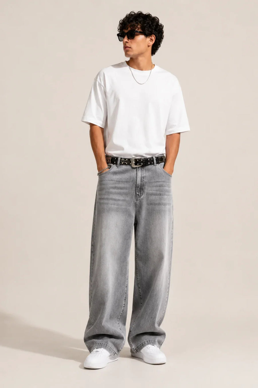 Men's Light Grey Vintage Wash Loose Fit Baggy Jeans full view by waysho