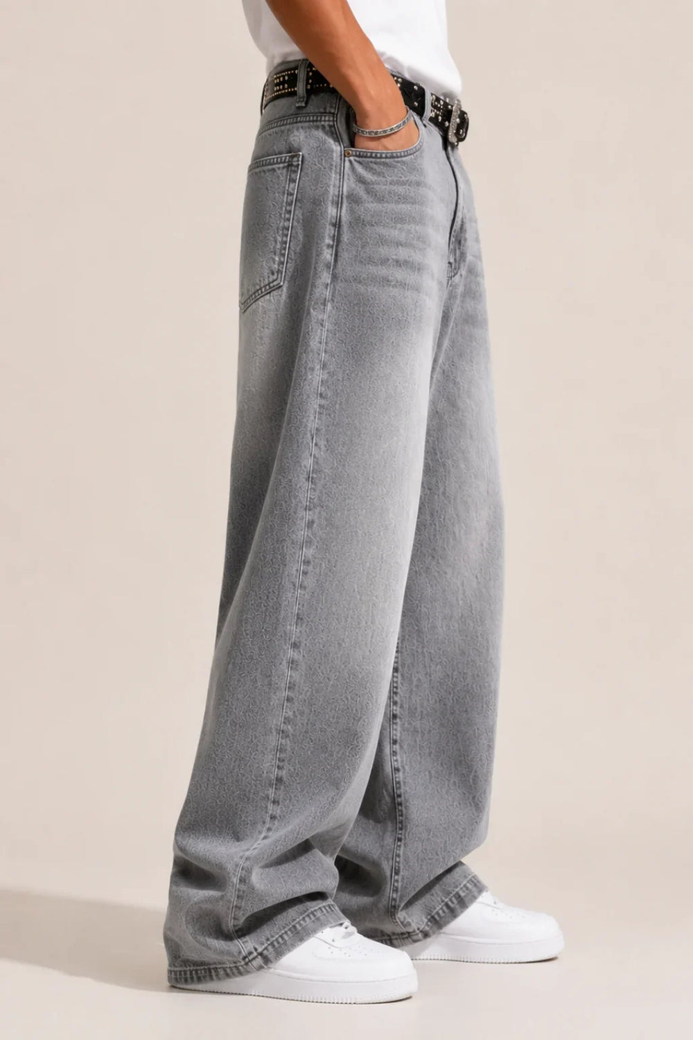 Men's Light Grey Vintage Wash Loose Fit Baggy Jeans left view by waysho