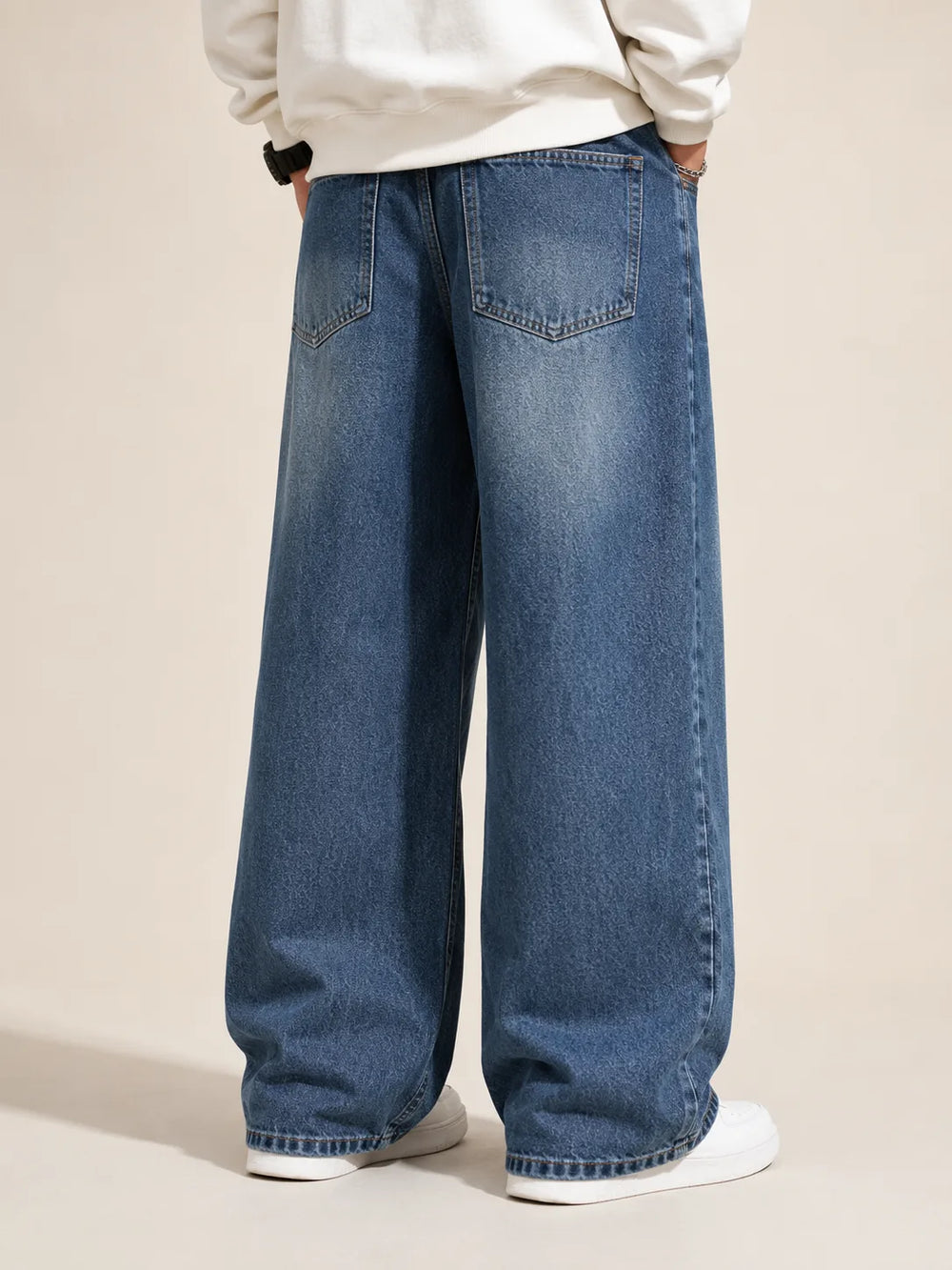 Men's Medium Blue Baggy Fit Jeans Back View By Waysho