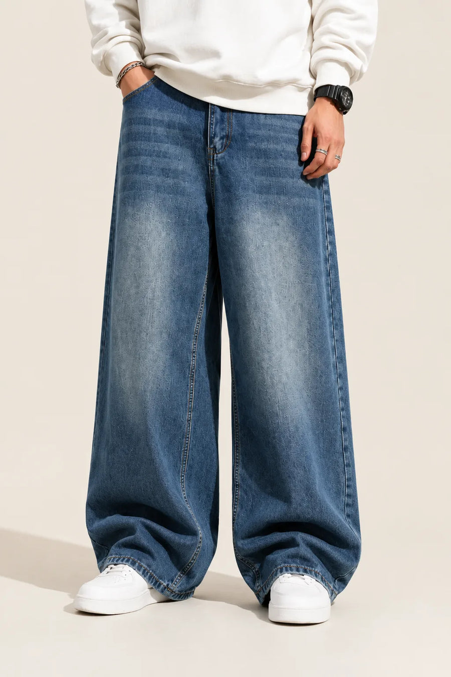 Men's Medium Blue Baggy Fit Jeans Front View By Waysho