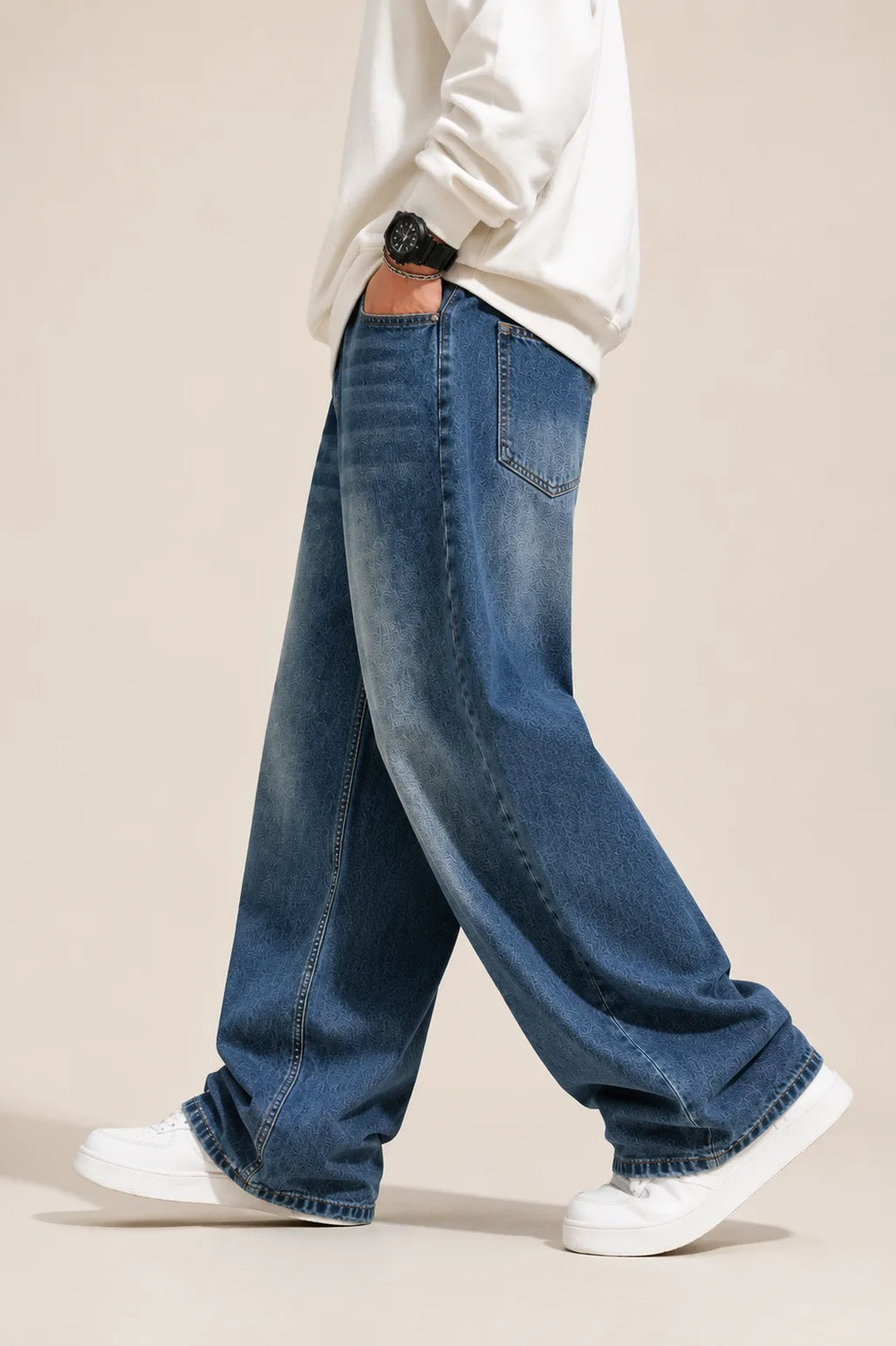 Men's Medium Blue Baggy Fit Jeans Side View By Waysho