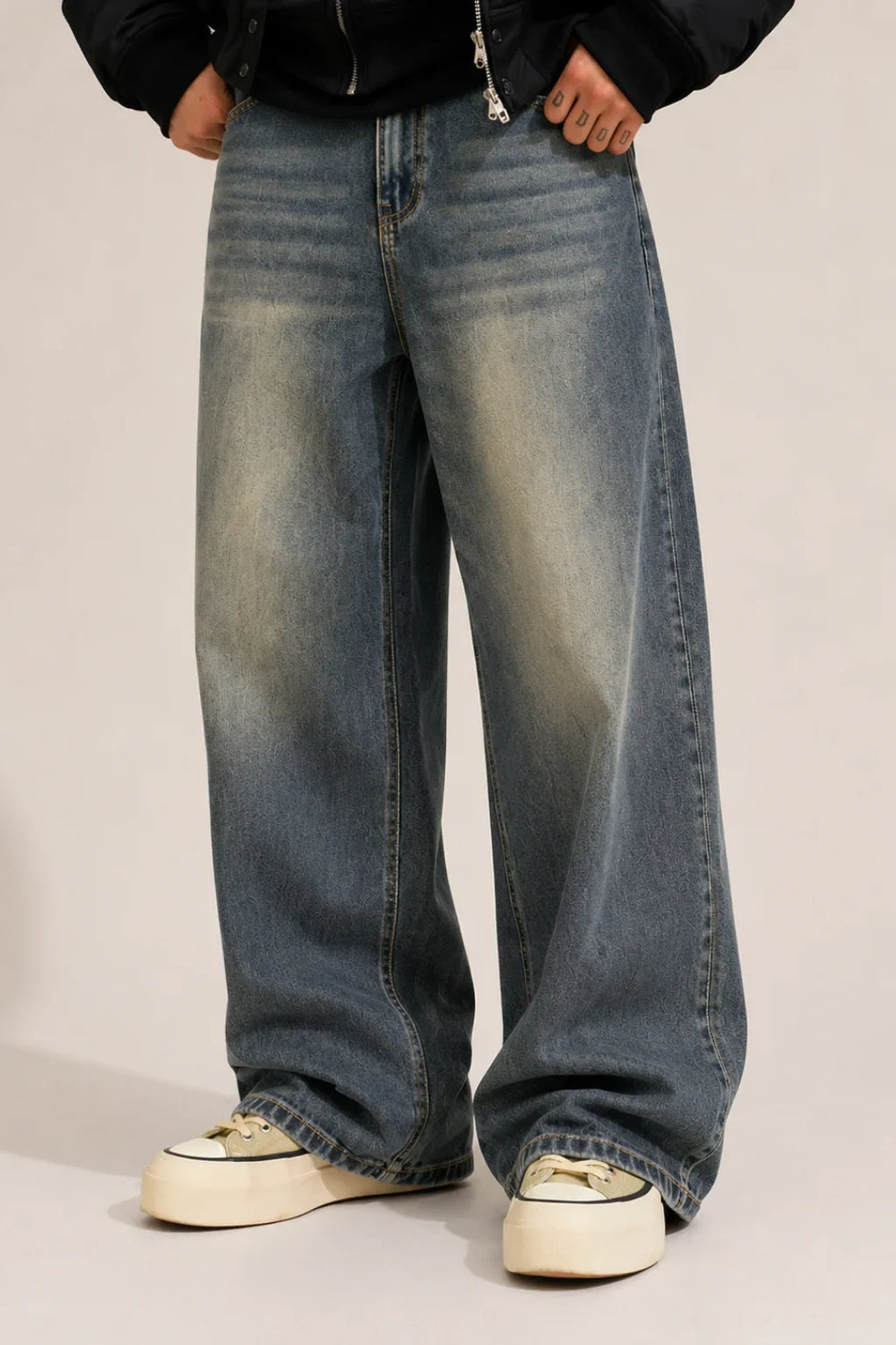 Men's Medium Blue Wash Loose Fit Baggy Jeans front view by waysho