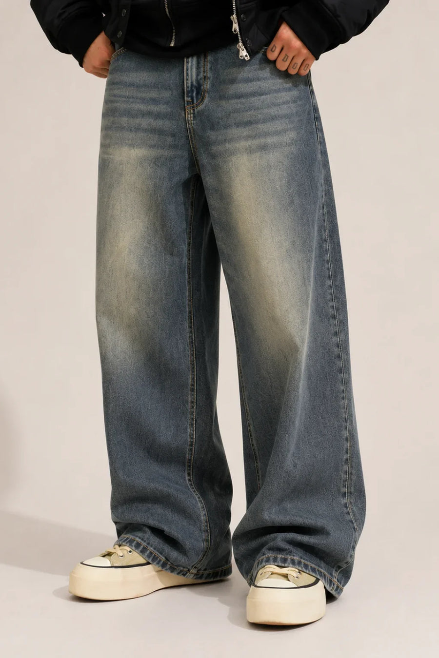 Men's Medium Blue Wash Loose Fit Baggy Jeans front view by waysho