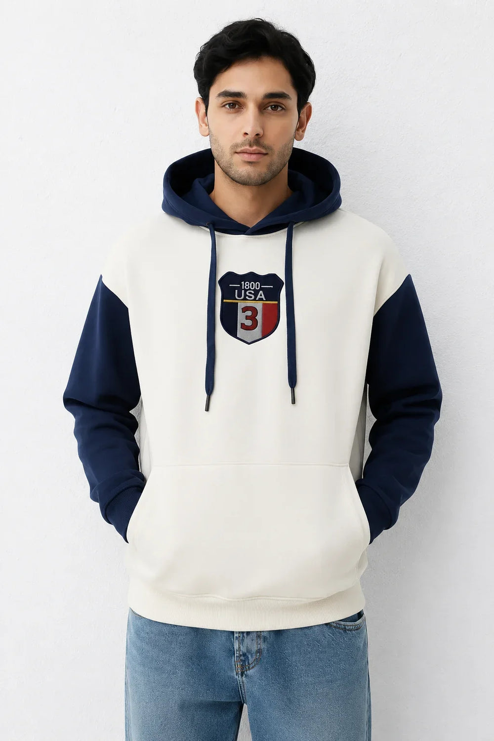 Men’s Navy and White Oversized Applique Hoodie main View by waysho