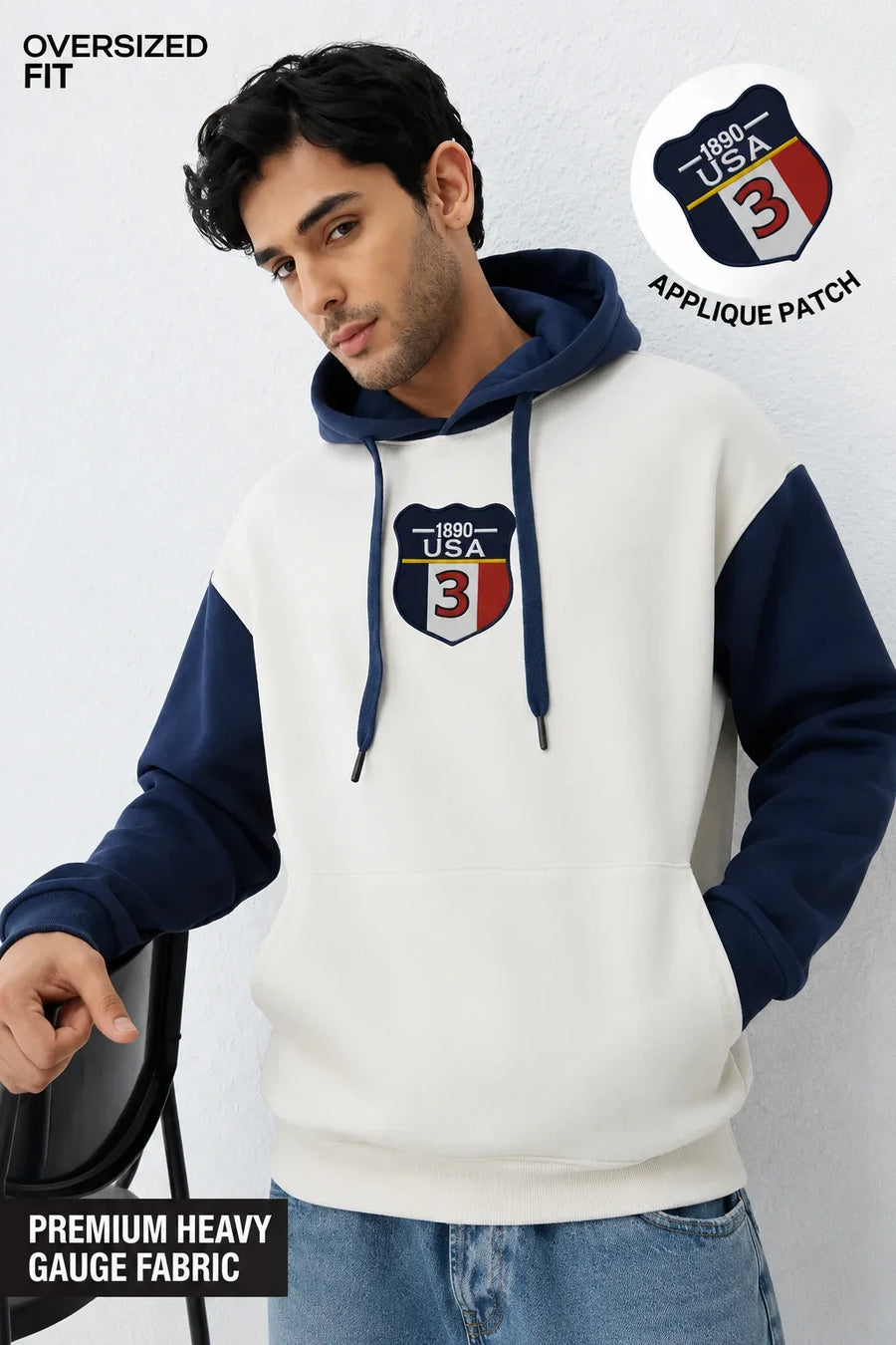 Men’s Navy and White Oversized Hoodie Front View by waysho