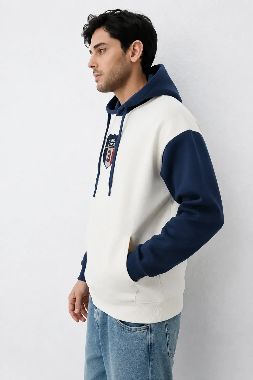 Men’s Navy and White Oversized Applique Hoodie left View by waysho