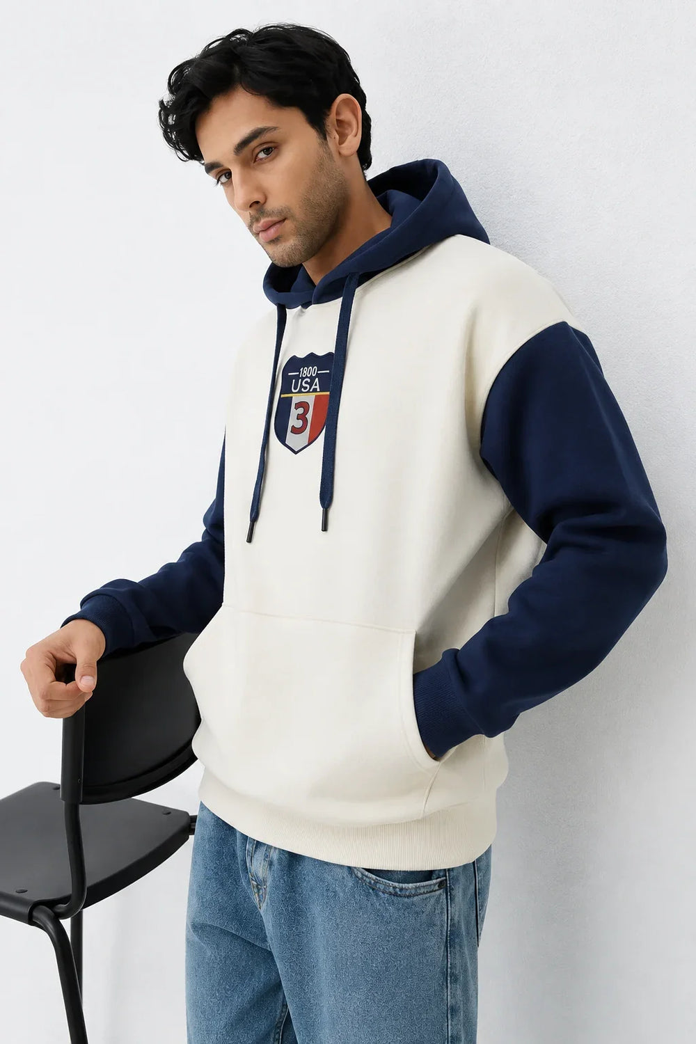 Men’s Navy and White Oversized Applique Hoodie side View by waysho
